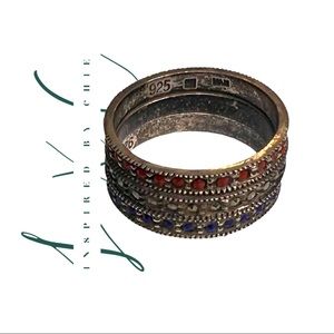 Vintage Sterling Silver Red White & Blue Paved Gemstone Stackable Band Rings